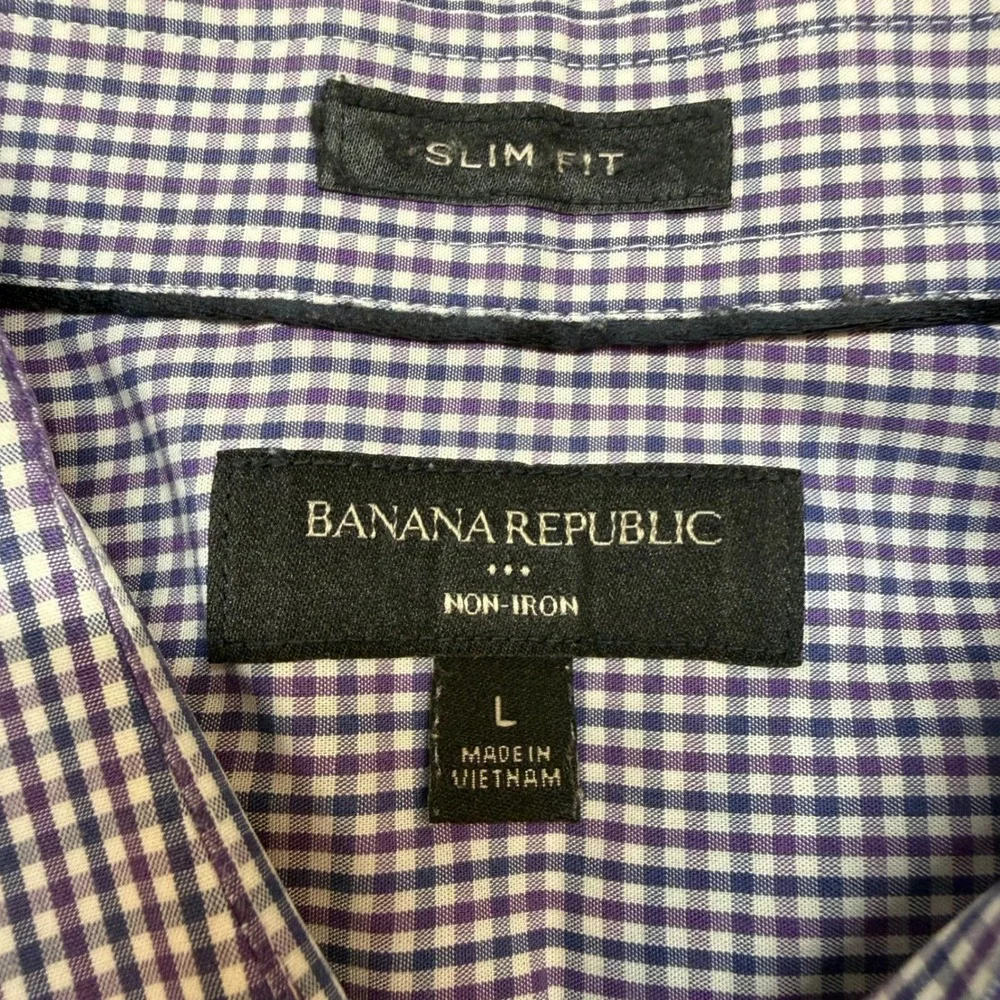 Banana Republic Non-Iron Shirt Mens L Slim Fit Blue Purple Gingham Button Down